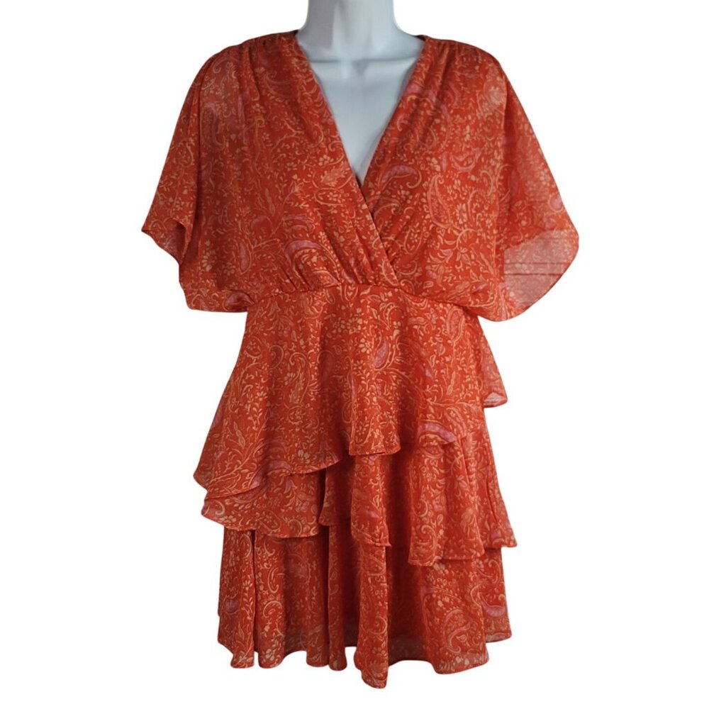 1.State Boho Dress Orange Small Paisley Ruffle Short Sleeves Lined V Neck NWT